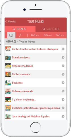capture de l'écran de thèmes de l'appli-munki sur un iPhone