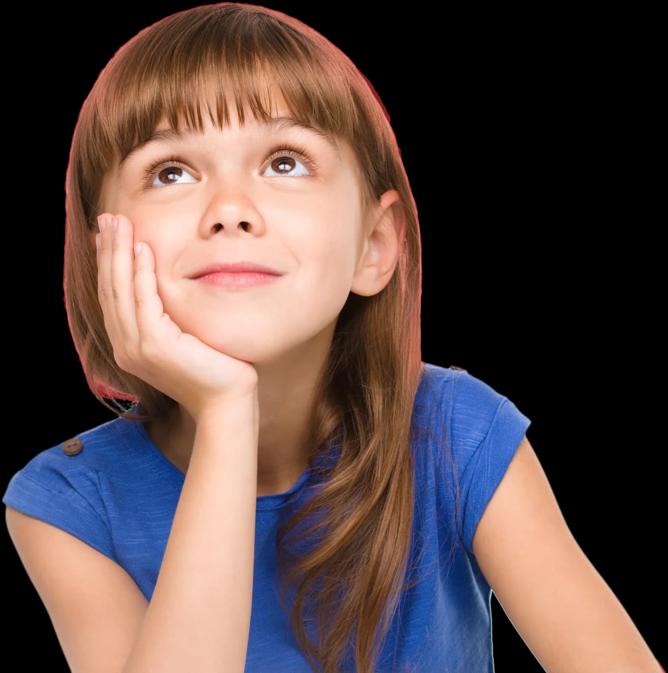 Une petite fille rêveuse, la joue dans la main