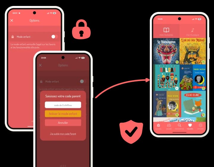 Le mode enfant, activé avec le code parent, puis les favoris choisis par le parent : le baladeur est sécurisé