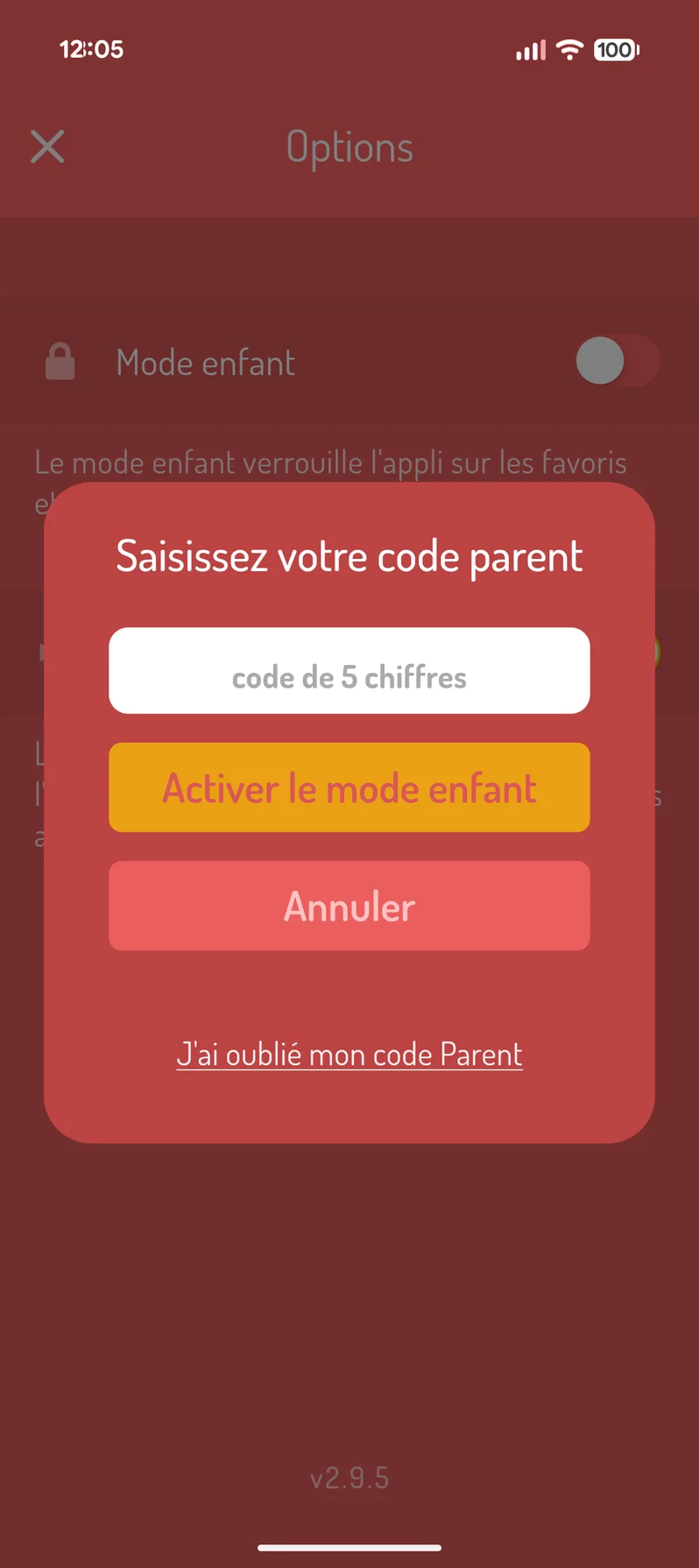 La saisie du code parent, pour activer le mode enfant