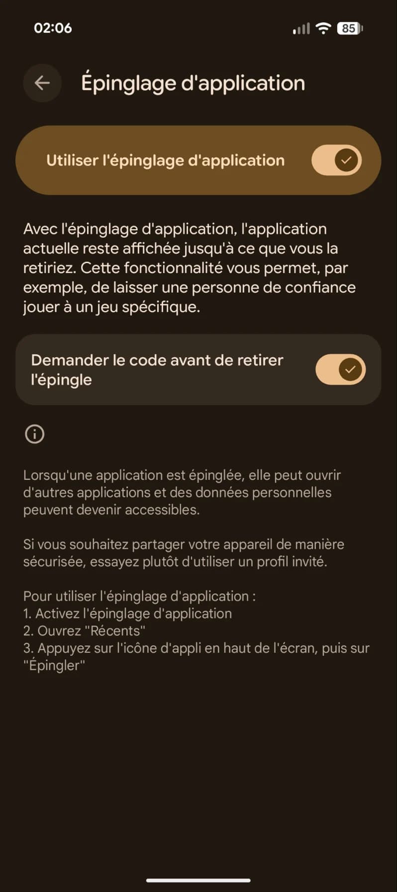 L’épinglage d’application, dans les réglages du téléphone