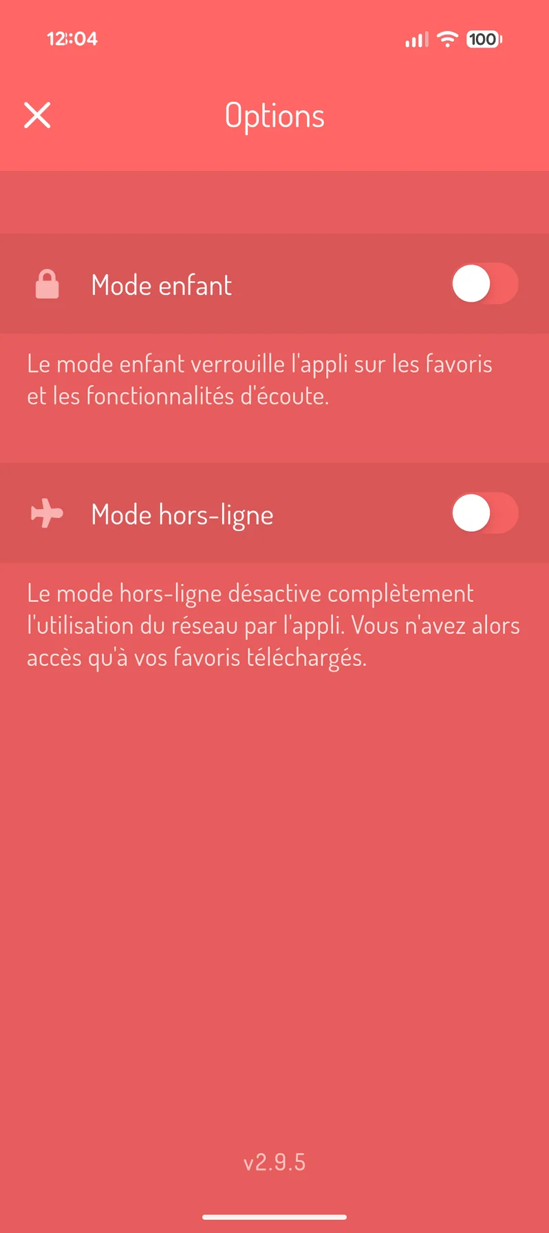Les options de l’appli, avec l’interrupteur du mode enfant