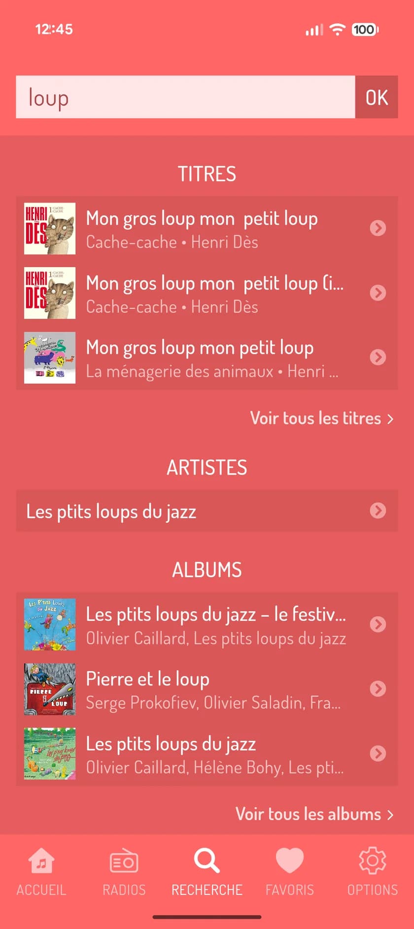 La recherche du mot « loup » : titres, artistes et albums